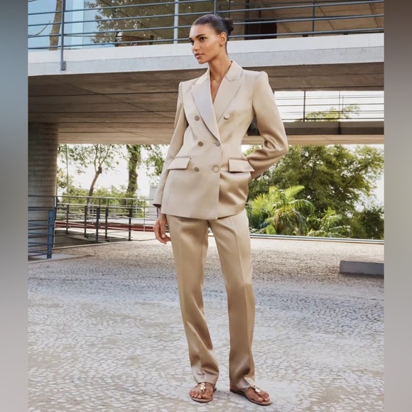 Zara Double Breasted Satin Effect Cream Tan Mink Blazer Suit Jacket Bridal - Picture 6 of 17